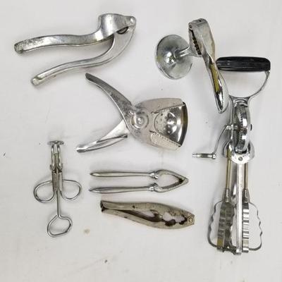 7 Piece Vintage Kitchen Gadgets: Mixer, Garlic Press, Nutcrackers, Olive Pitter