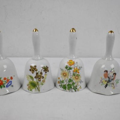 4 Porcelain Bells: Floral & Bird Designs