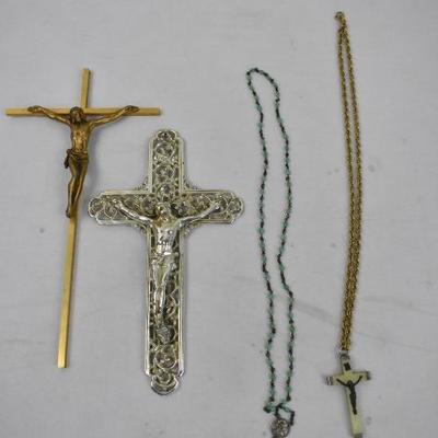4 Piece Religious: 2 Necklaces & 2 Wall Crosses