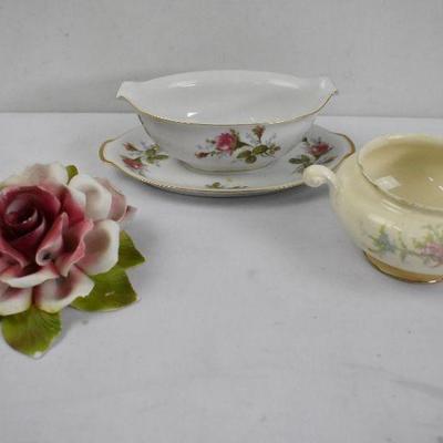 3 Piece Floral Vintage Items: Gravy Boat, Bowl, Wall Decor - All Chipped/Broken