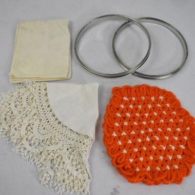 5 Piece Kitchen & Crafting: Napkin, Embroidery Rings, Doily, & Crochet Hot Pad