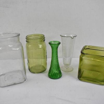 5 Piece Clear & Green Glass: 3 Jars & 2 Vases