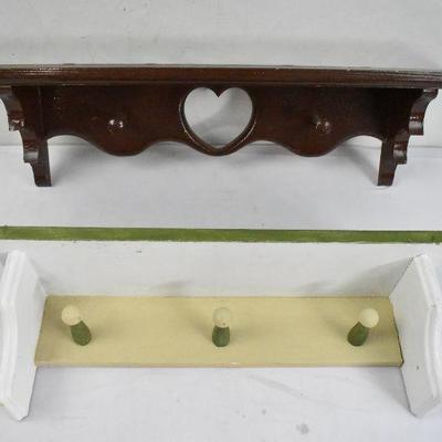 2 Wood Shelves with Pegs: Brown w/ Heart & 2 Pegs, Painted with 3 Pegs