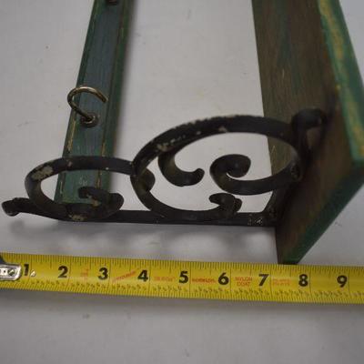 Wood & Metal Plate Holder Shelf, Green with 5 Hooks