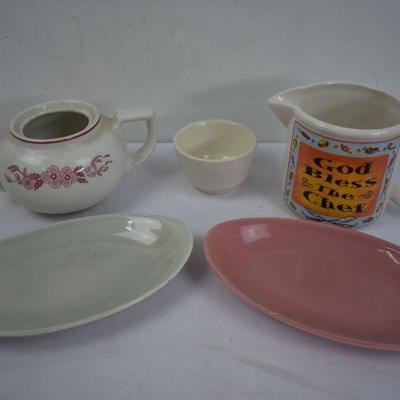 5 Piece Kitchen: 1 Teapot, 1 Large Mug, 2 Plates, and 1 Small Bowl