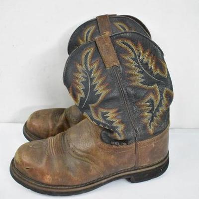 Steel Toe Boots by Justin: Brown & Black w/ Orange & Yellow Stitching, Size 10.5