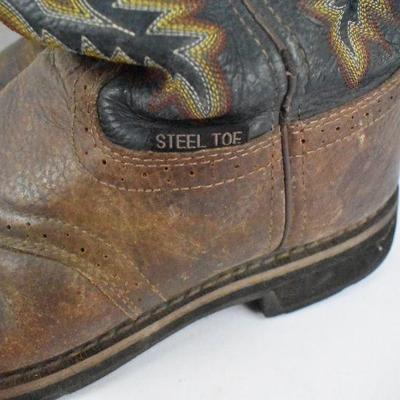 Steel Toe Boots by Justin: Brown & Black w/ Orange & Yellow Stitching, Size 10.5