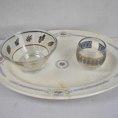 3 Piece: Floral Platter, Chipped, Bowl with Leaves, Cup with Blue & Gold Design