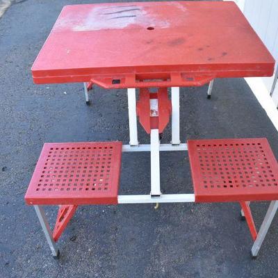 Fold Up Camping Table with Attached Chairs, Red