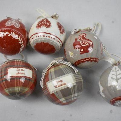 6 pc Christmas Tree Ornaments: Gray/White/Red Coordinating Set