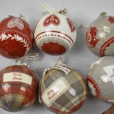 6 pc Christmas Tree Ornaments: Gray/White/Red Coordinating Set