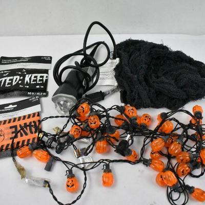 6 Pc Halloween Decor: Pumpkin Lights, Caution Tape, Outdoor Light, Fake Web