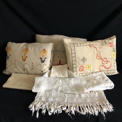 Lot 27- Arts & Crafts Style Pillows And Linens.