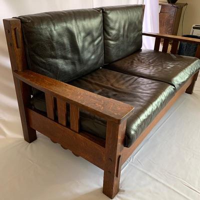 Lot 59- Craftsman Style Wood And Leather Couch