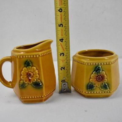 8 Pc Yellow Floral Coffee/Tea Set: Pitcher, Creamer, Sugar, 4 Cups (1 Repaired)