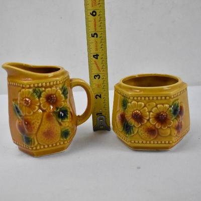 8 Pc Yellow Floral Coffee/Tea Set: Pitcher, Creamer, Sugar, 4 Cups (1 Repaired)
