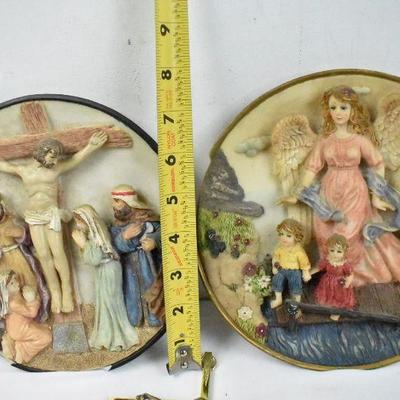 12 Piece Catholic/Religious Items: 2 Plates, 2 Frames, Cut Glass Cross, etc