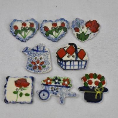 8 Piece Porcelain Hand Painted Buttons, Blue & Red Floral