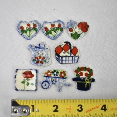 8 Piece Porcelain Hand Painted Buttons, Blue & Red Floral