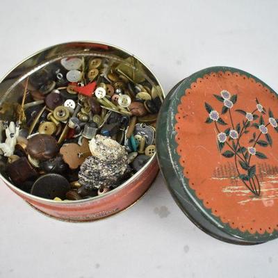 Vintage Metal Tin with Buttons Etc Inside