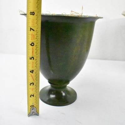 3 Pc Decor: Green Metal Vase, Cream Snowflake Metal Bin, & 