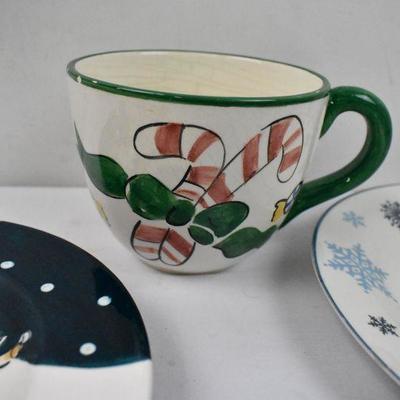 7 Piece Winter/Christmas Dishes: 2 Plates, 2 Bowls, and 3 Mugs