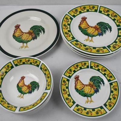 11 Pc Rooster Dishes Set: Serving Plate, Regular Plates, Bowls, and Small Plates