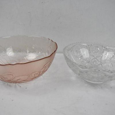 2 Glass Decorative Bowls: Smoky Pink & Clear Cut Glass