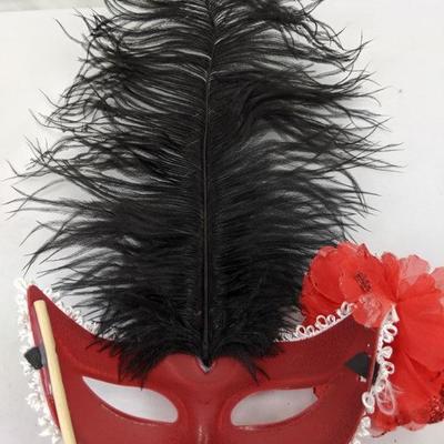 Red, White & Black Masquerade Mask with Glitter Tipped Rose
