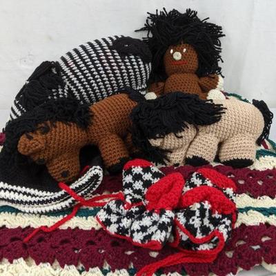 8 Piece Crochet Lot - Blanket, Beanie, Mittens, Horses, Zebra, & More