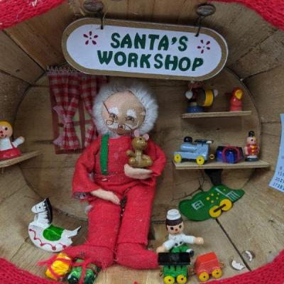 Santa's Workshop in a Basket & Birdhouse with Stockings (Debbie Mumm)