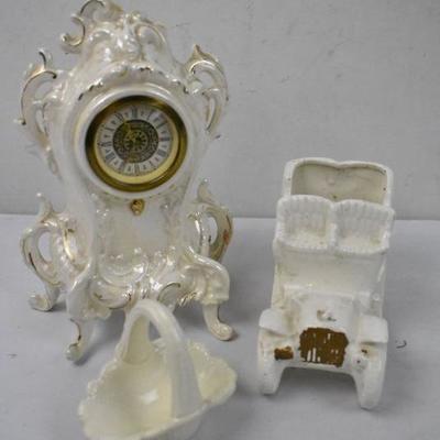 3 pc Cream Porcelain: Basket, Car, Clock (West Germany, Some Chips as Shown)