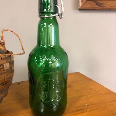 Lot #43 3 Green Glass Bottle Decanters with fish, basket, beer 