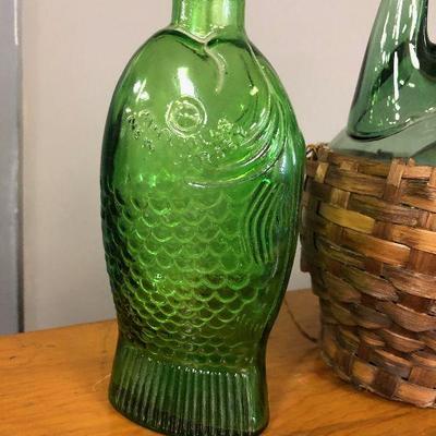 Lot #43 3 Green Glass Bottle Decanters with fish, basket, beer 