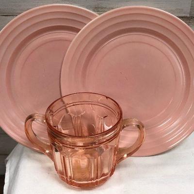 Lot #46 Pink Depression Glass Sugar Bowl and modern tone plates 