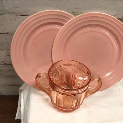 Lot #46 Pink Depression Glass Sugar Bowl and modern tone plates 