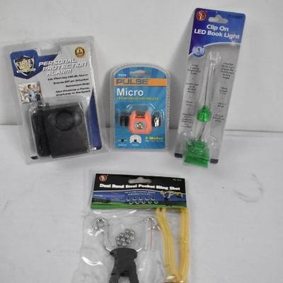 4 Piece: Protection Alarm, Headlamp, Book Light, & Pocket Sling Shot - New