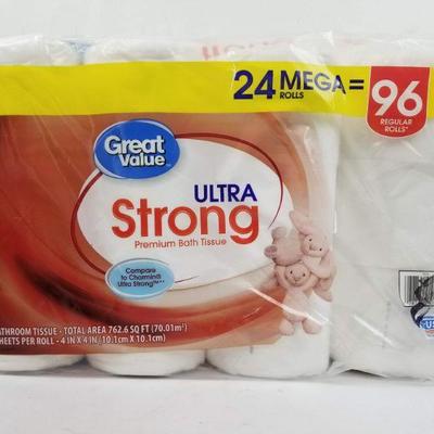 Great Value Ultra Strong Bathroom Tissue, Septic Safe, 24 Mega Rolls