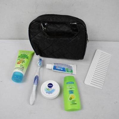 Black Makeup Bag & Products: Haircare, Lotion, Toothbrush, & Toothpaste - New