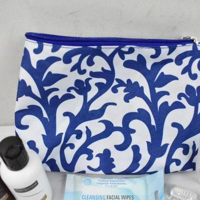 Blue & White Makeup Bag with 9 Travel products: Hair, Legs, Teeth, & Skin - New
