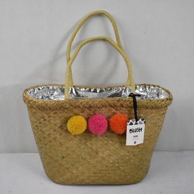 Blush Playa Insulated Tote, Wicker Outside Look with Pom-Poms - New