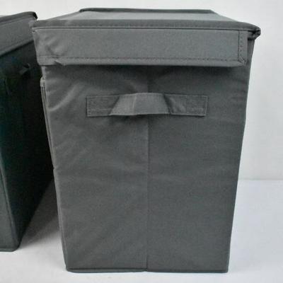 2 Canvas Bins, Gray. Attached Lids, Front Access, Side Handles. No Package - New