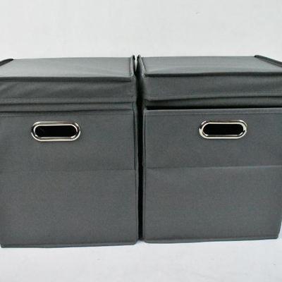 2 Canvas Bins, Gray. Attached Lids, Front Access, Side Handles. No Package - New