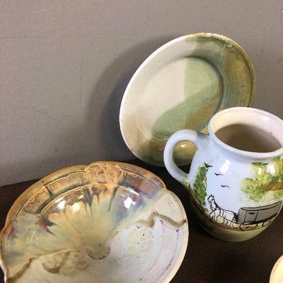 Lot#137 Amish Pitcher, German mug, pottery bowls 
