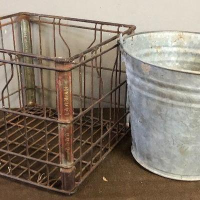 Lot#202 Galvanized Pail and Wire Milk Crate