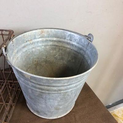 Lot#202 Galvanized Pail and Wire Milk Crate