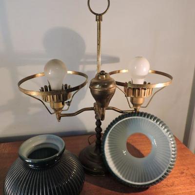 Vintage Double Arm Student Brass Lamp with Green Shades
