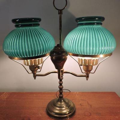 Vintage Double Arm Student Brass Lamp with Green Shades
