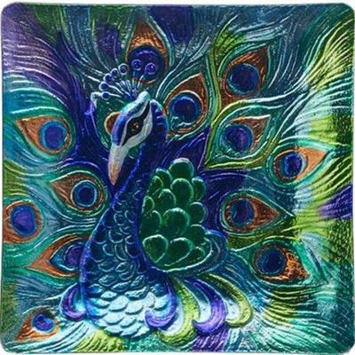 New Proud Peacock Platter Art Glass 12.5 Inch Square (Food Safe) Display or Use to Entertain 