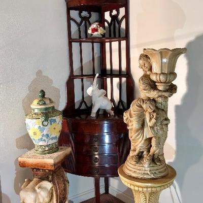 Lot 1 - Mahogany 4-Drawer Corner Shelf, Elephant, Urn, Bone China, Vase, Statue